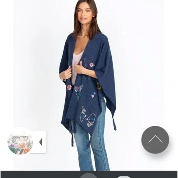 Johnny Was Blue Embroidered Butterflies Open Cape Cotton Cashmere Knit Shawl OS - Picture 1 of 9